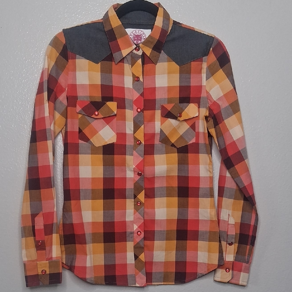 Platini Jeans Cougar Button Up Shirt Womens Multicolor Plaid Western Cowgirl M - Picture 15 of 15